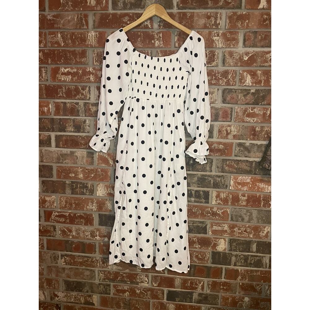 Style Cheat Flounce Sleeve Smock Maxi Dress White Black Dots Sz 6 Off Shoulder